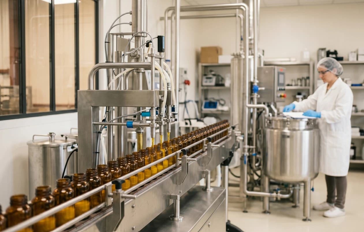 Ligne de conditionnement des flacons GOL au laboratoire Phytolor, en France