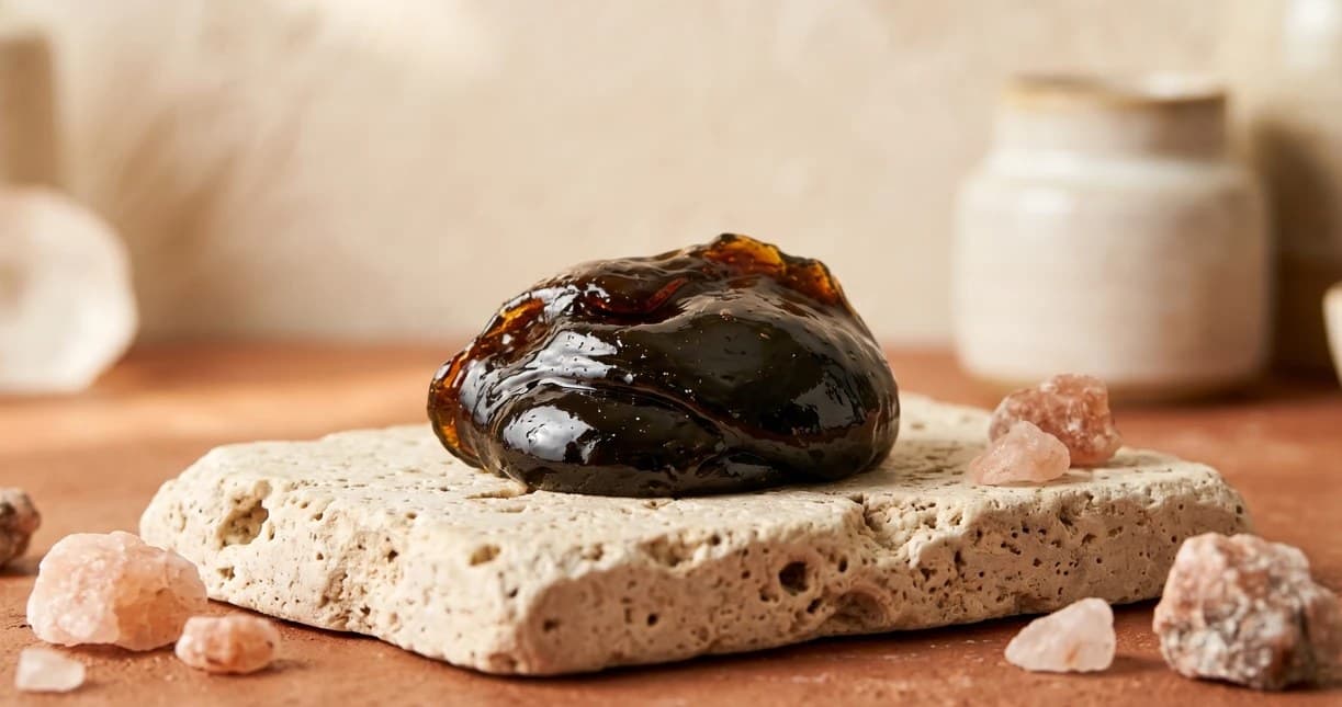 Résine de Shilajit purifié sur une pierre de travertin, avec cristaux de sel rose de l'Himalaya